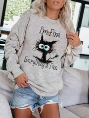 Tired Cat Print Pullover Sweatshirt for Women