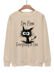 Tired Cat Print Pullover Sweatshirt for Women