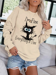 Tired Cat Print Pullover Sweatshirt for Women
