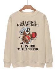 Owl & Letter Print Pullover Sweatshirt for Women
