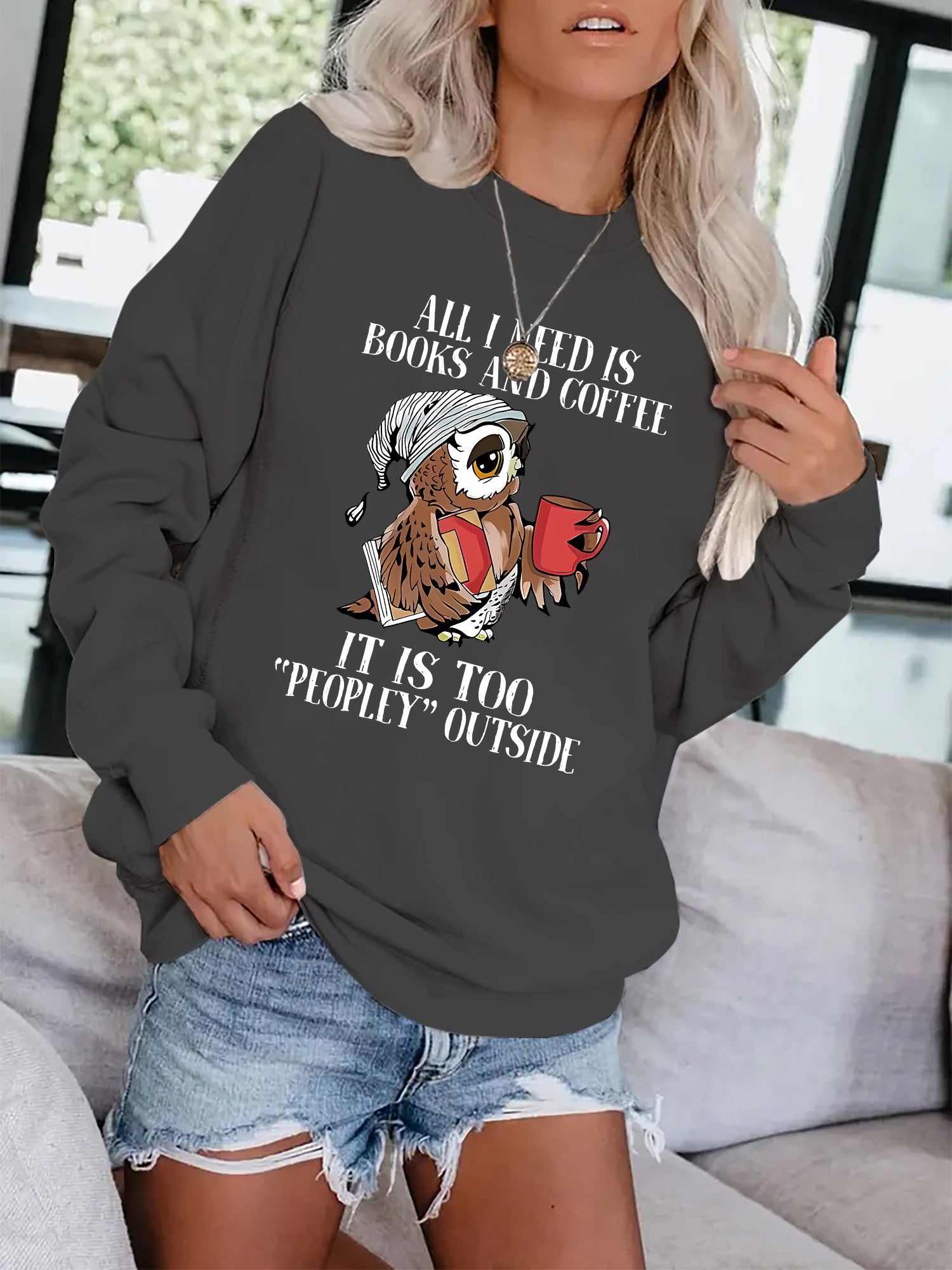 Owl & Letter Print Pullover Sweatshirt for Women
