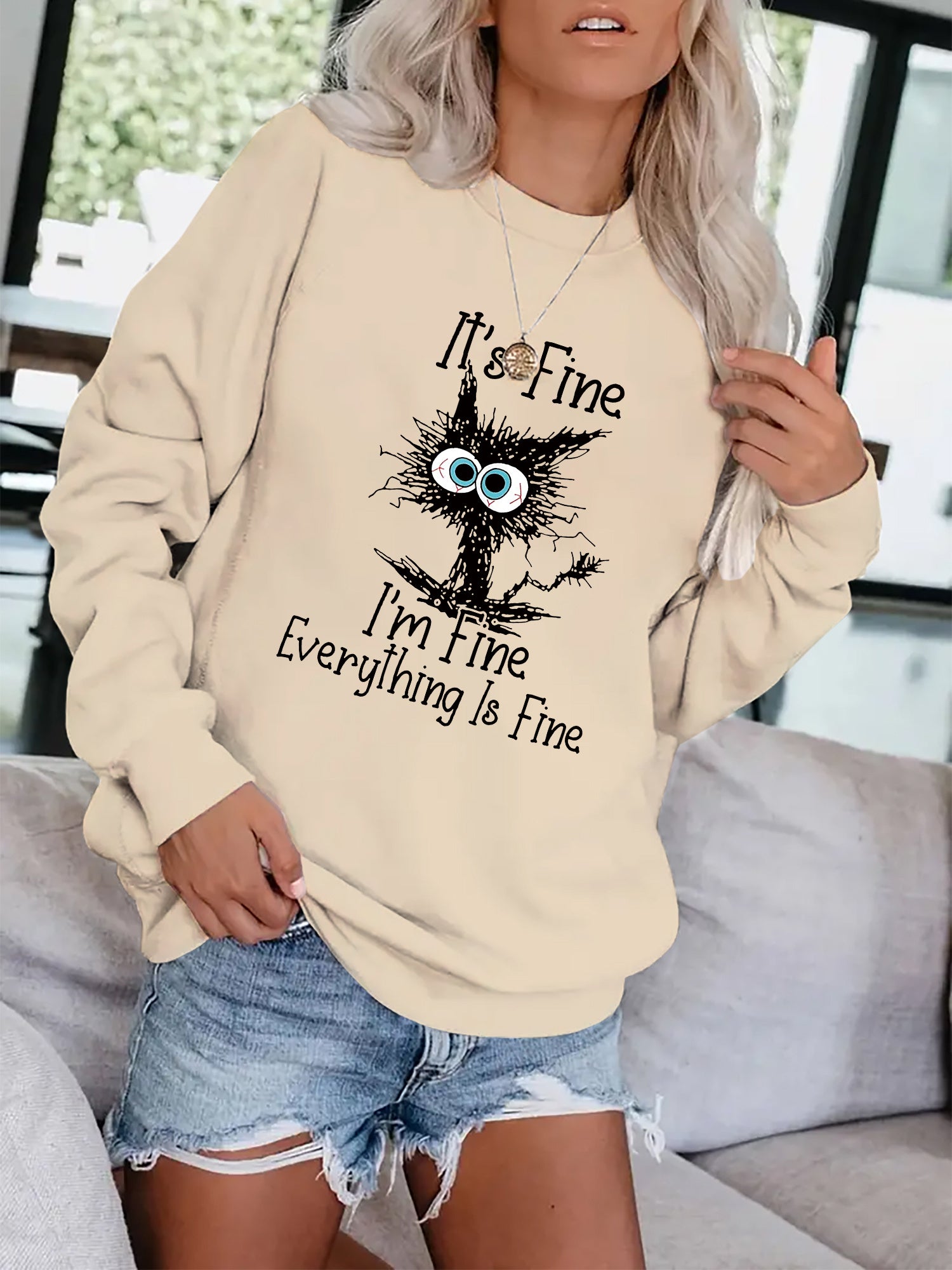 Crazy Cat Print Pullover Sweatshirt for Fall & Winter