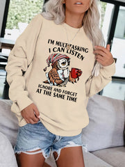 Owl & Letter Print Pullover Sweatshirt Casual Loose Long Sleeve Sweatshirt