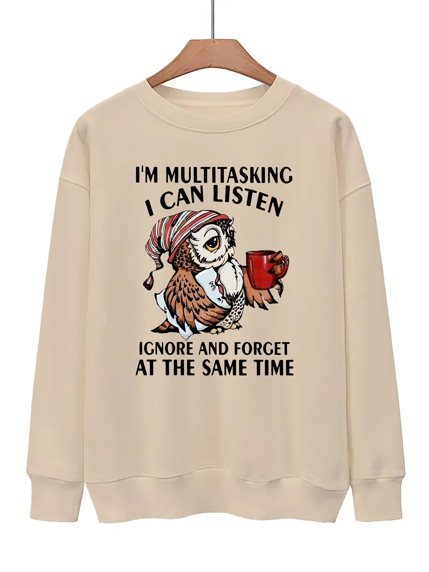 Owl & Letter Print Pullover Sweatshirt Casual Loose Long Sleeve Sweatshirt