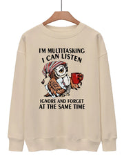 Owl & Letter Print Pullover Sweatshirt Casual Loose Long Sleeve Sweatshirt