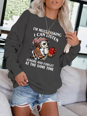 Owl & Letter Print Pullover Sweatshirt Casual Loose Long Sleeve Sweatshirt