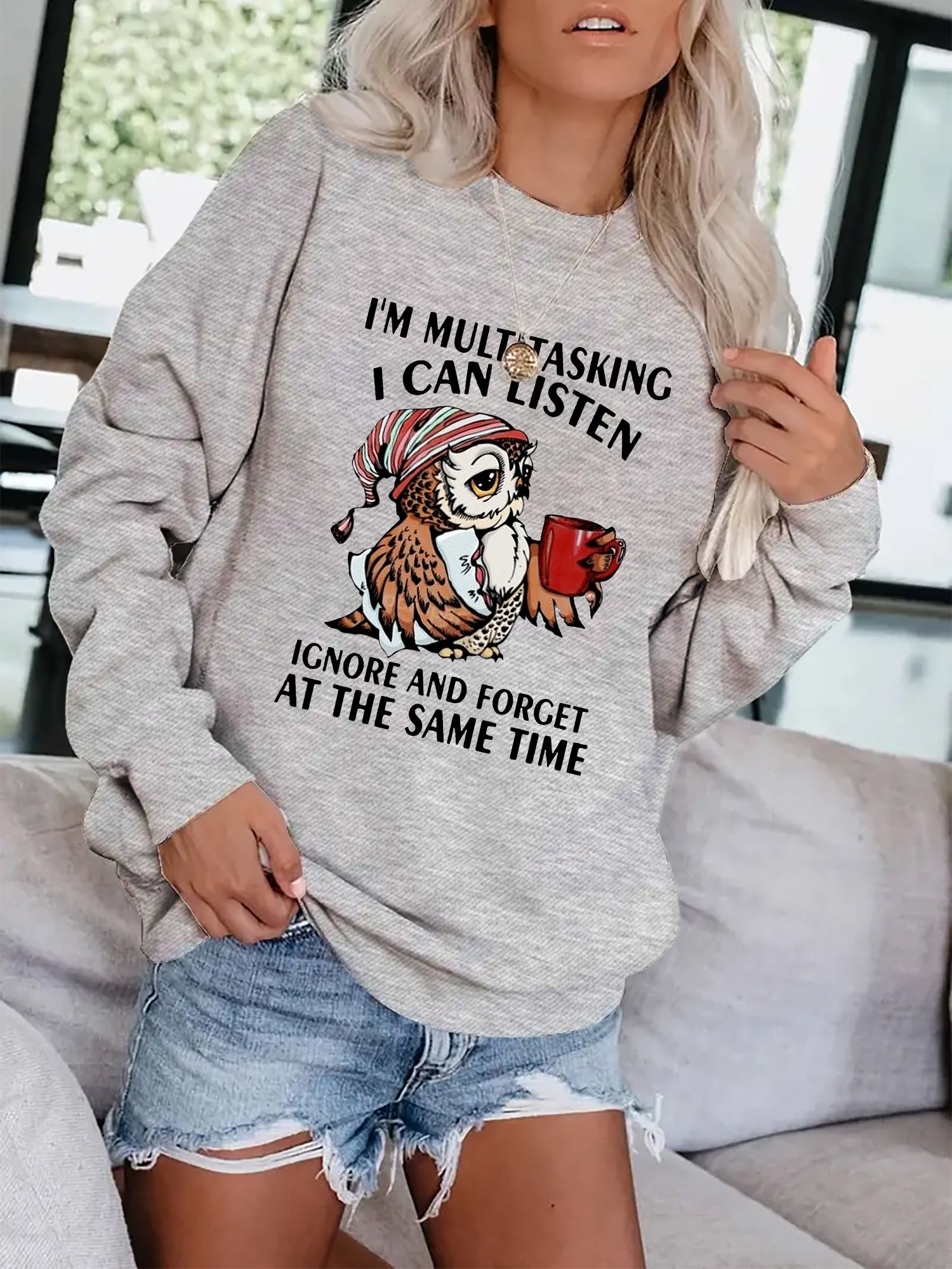 Owl & Letter Print Pullover Sweatshirt Casual Loose Long Sleeve Sweatshirt