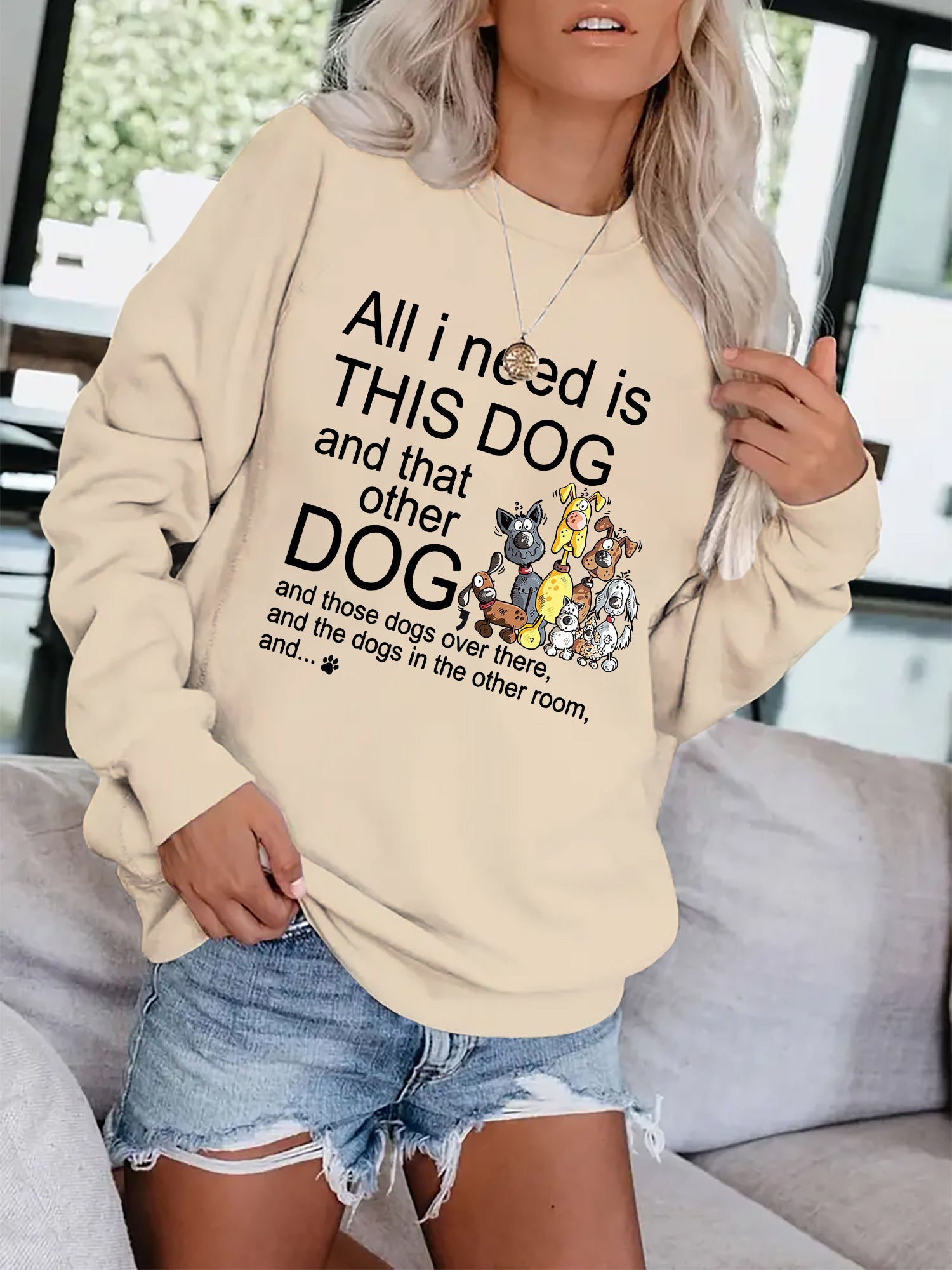 Dog & Letter Print Sweatshirt Casual Loose Crew Neck Sweatshirt