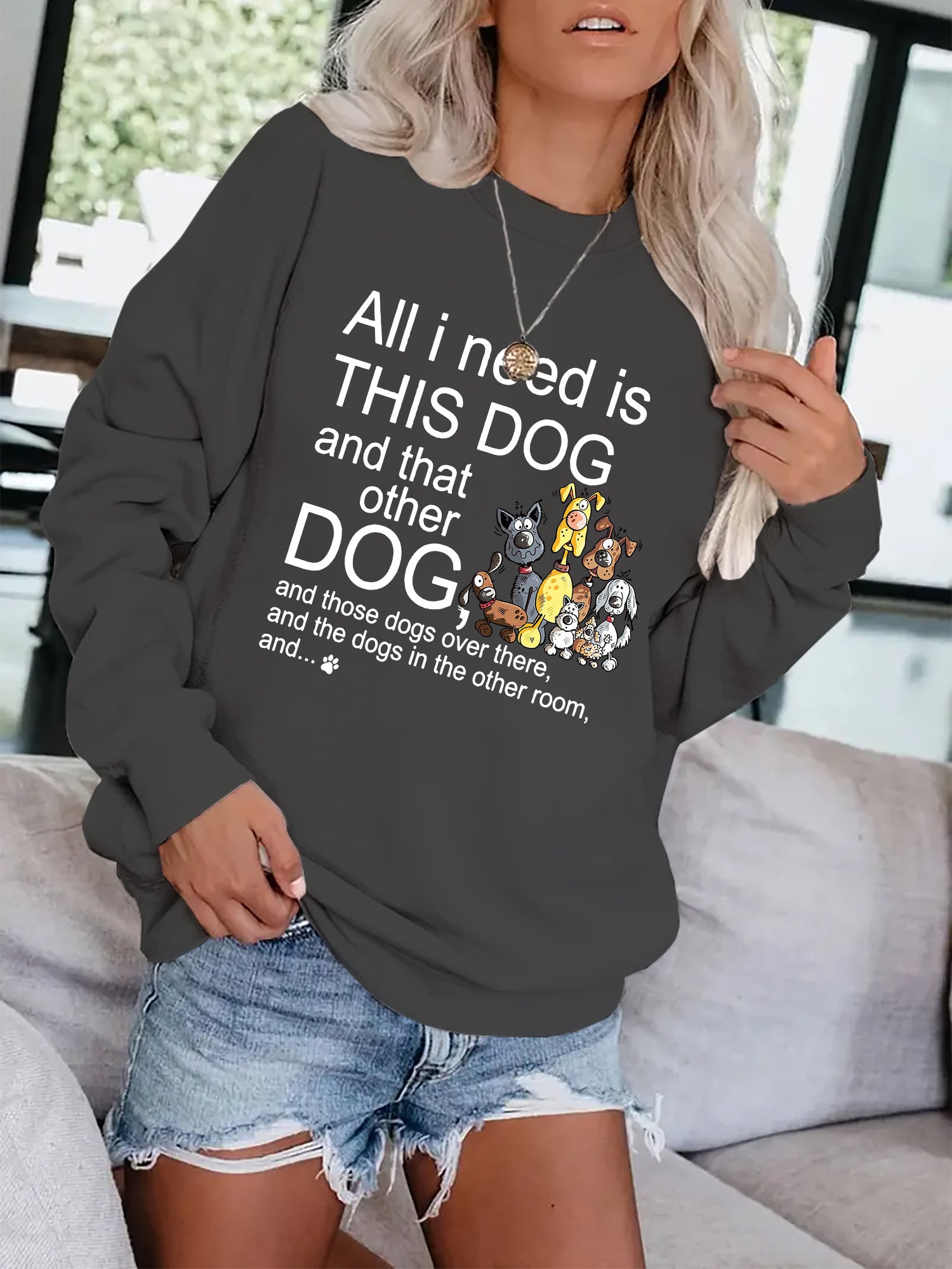 Dog & Letter Print Sweatshirt Casual Loose Crew Neck Sweatshirt