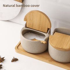 Japanese Ceramic Bamboo And Wood Lid Seasoning Jar Set