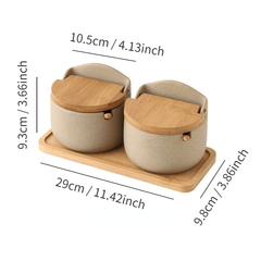 Japanese Ceramic Bamboo And Wood Lid Seasoning Jar Set