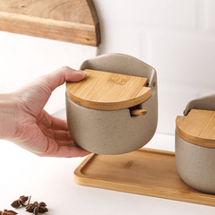 Japanese Ceramic Bamboo And Wood Lid Seasoning Jar Set