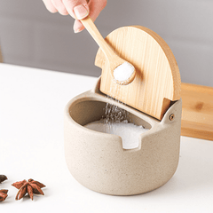 Japanese Ceramic Bamboo And Wood Lid Seasoning Jar Set