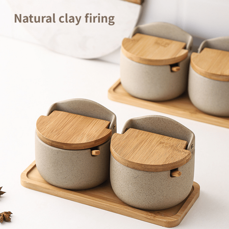 Japanese Ceramic Bamboo And Wood Lid Seasoning Jar Set