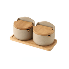 Japanese Ceramic Bamboo And Wood Lid Seasoning Jar Set