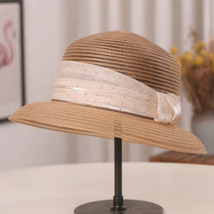 Rhinestone Satin Strap Bucket Hat Wide Brim Solid Sun Hat