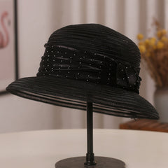 Rhinestone Satin Strap Bucket Hat Wide Brim Solid Sun Hat
