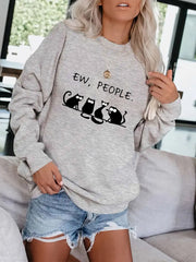 Cat & Letter Print Crew Neck Sweatshirt for Fall & Winter