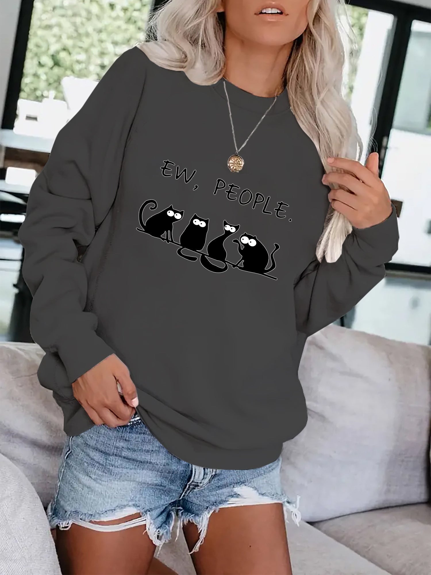 Cat & Letter Print Crew Neck Sweatshirt for Fall & Winter
