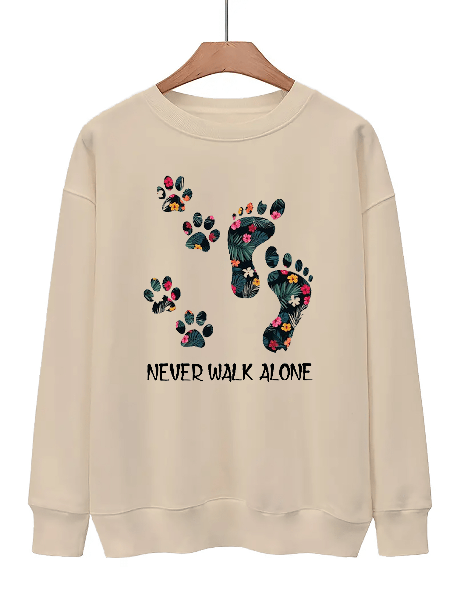 Footprint & Slogan Print Pullover Sweatshirt Loose Crew Neck Casual Sweatshirt