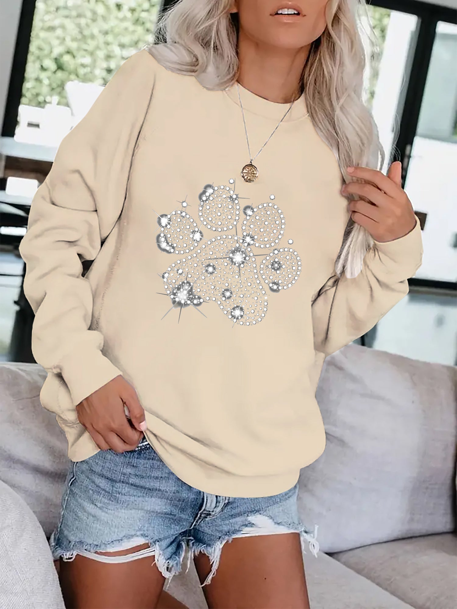 Dog Footprint Print Pullover Sweatshirt for Women