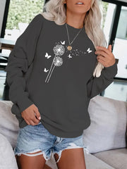 Dandelion & Butterfly Print Sweatshirt Casual Loose Drop Shoulder Sweatshirt