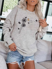 Dandelion & Butterfly Print Sweatshirt Casual Loose Drop Shoulder Sweatshirt
