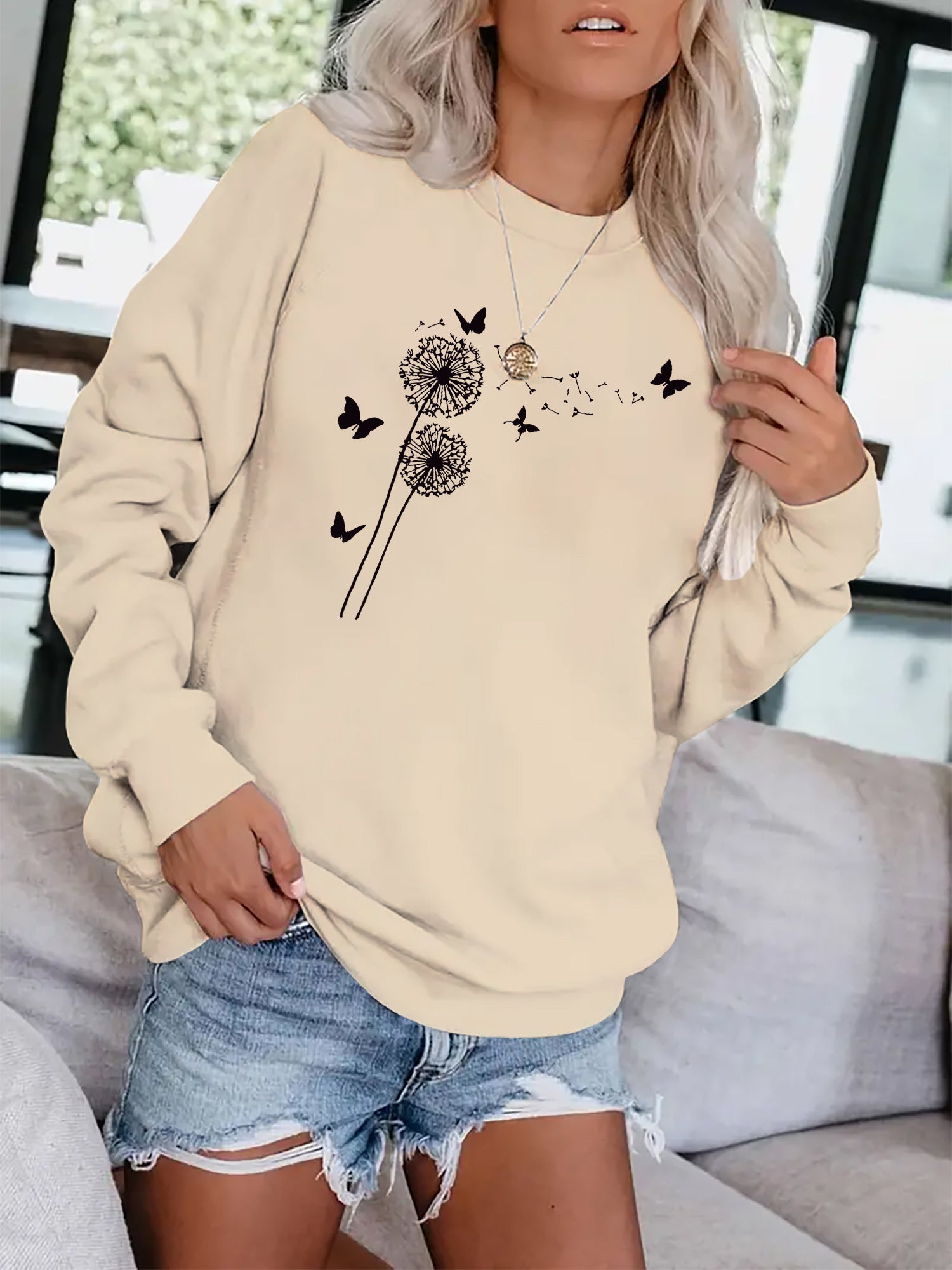 Dandelion & Butterfly Print Sweatshirt Casual Loose Drop Shoulder Sweatshirt