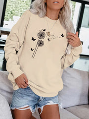 Dandelion & Butterfly Print Sweatshirt Casual Loose Drop Shoulder Sweatshirt