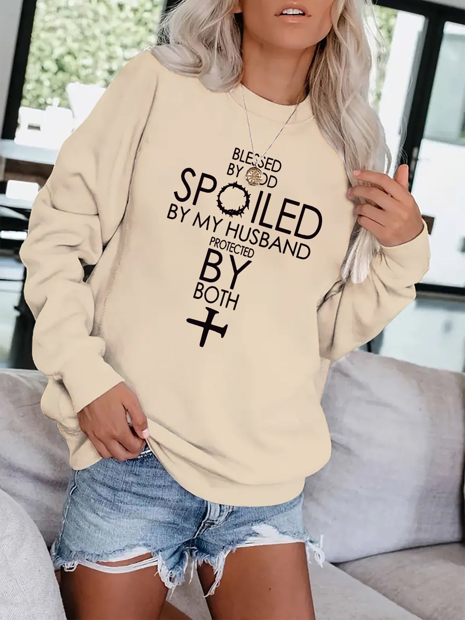 Letter & Cross Print Drop Shoulder Sweatshirt for Fall & Winter