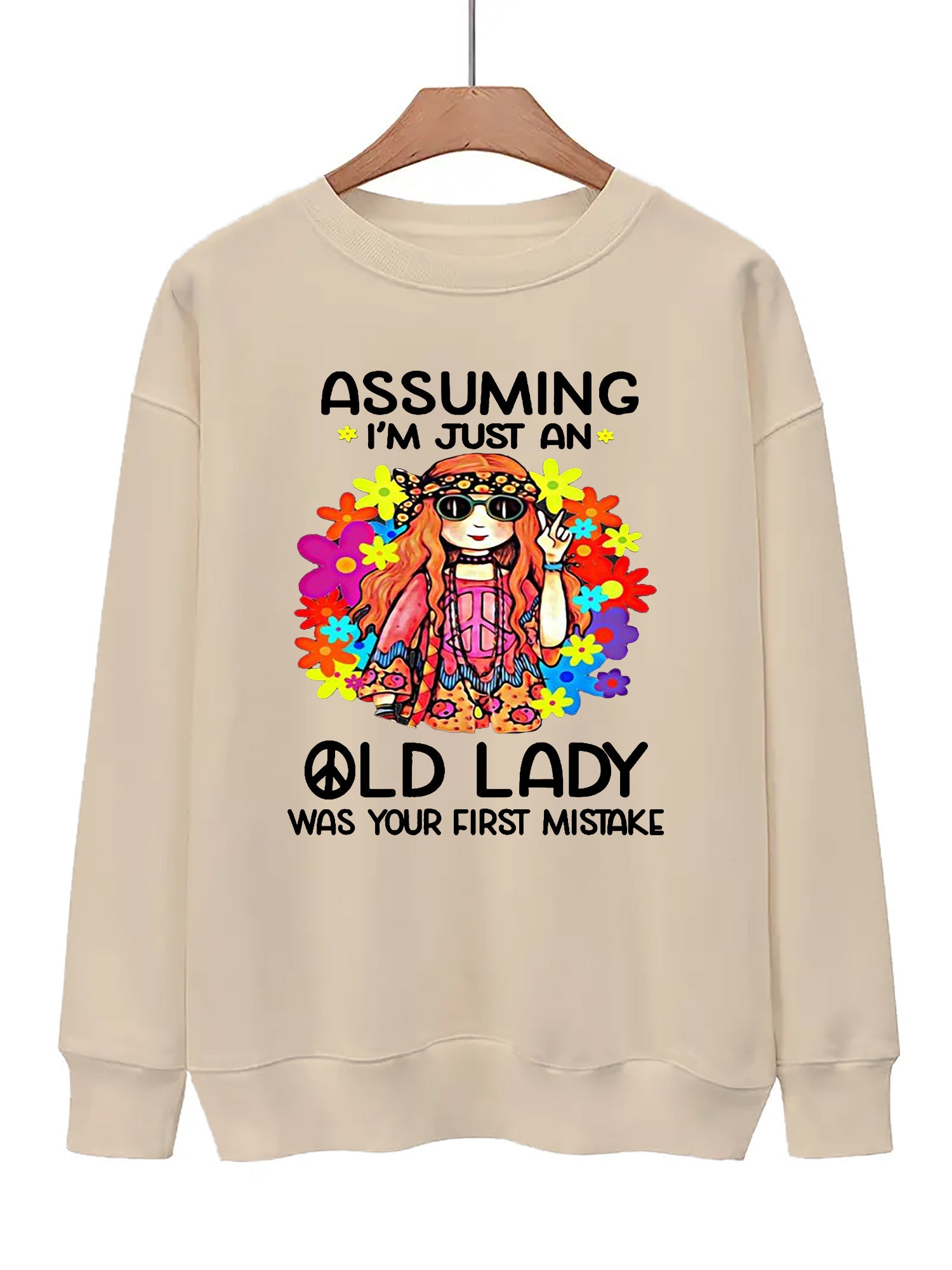Girl & Letter Print Pullover Sweatshirt Casual Drops Shoulder