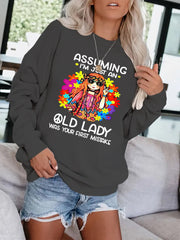 Girl & Letter Print Pullover Sweatshirt Casual Drops Shoulder