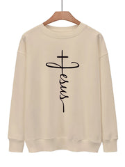 Letter & Cross Print Pullover Sweatshirt for Women