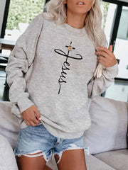 Letter & Cross Print Pullover Sweatshirt for Women