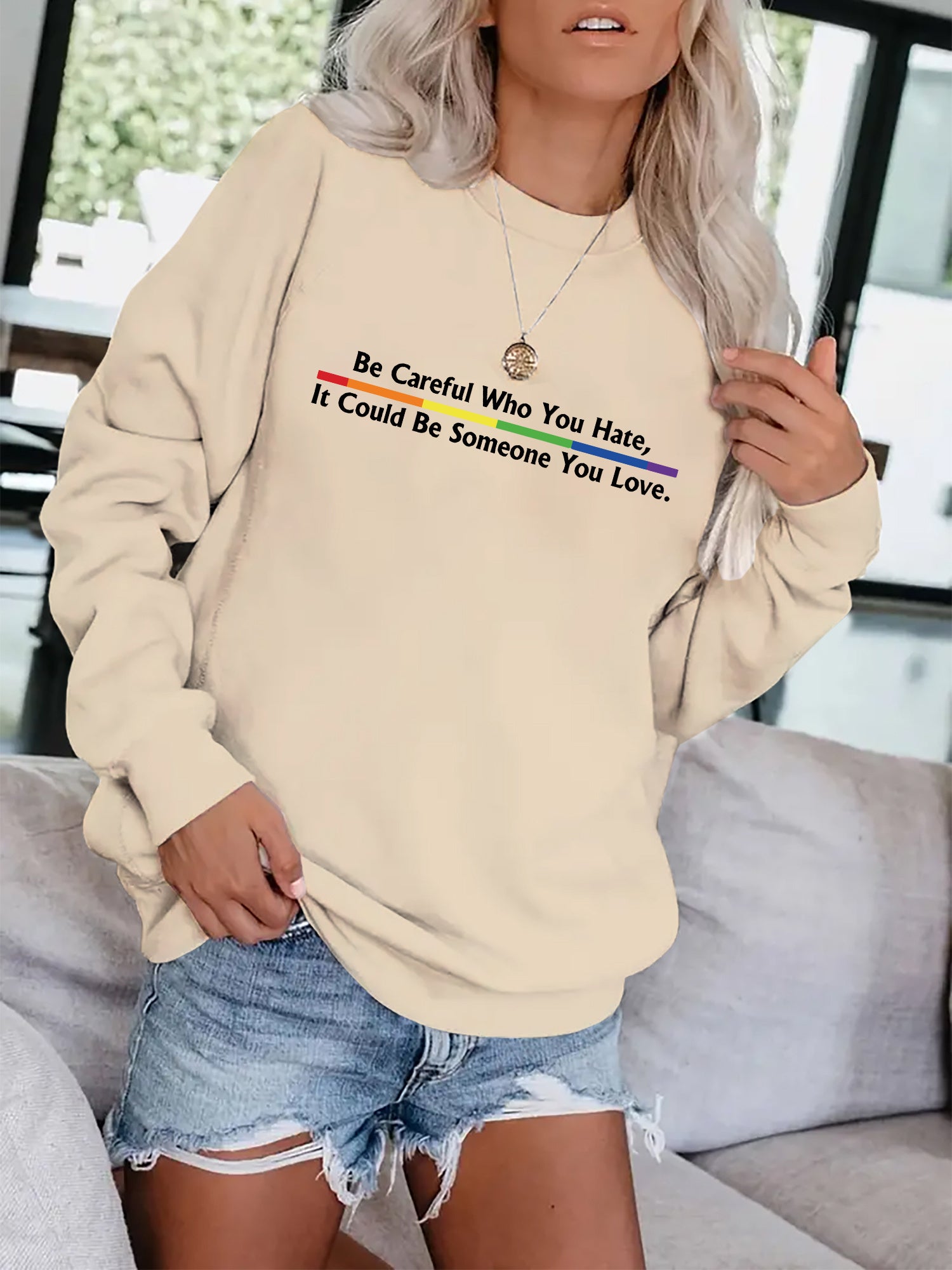 Slogan Print Crew Neck Sweatshirt for Women