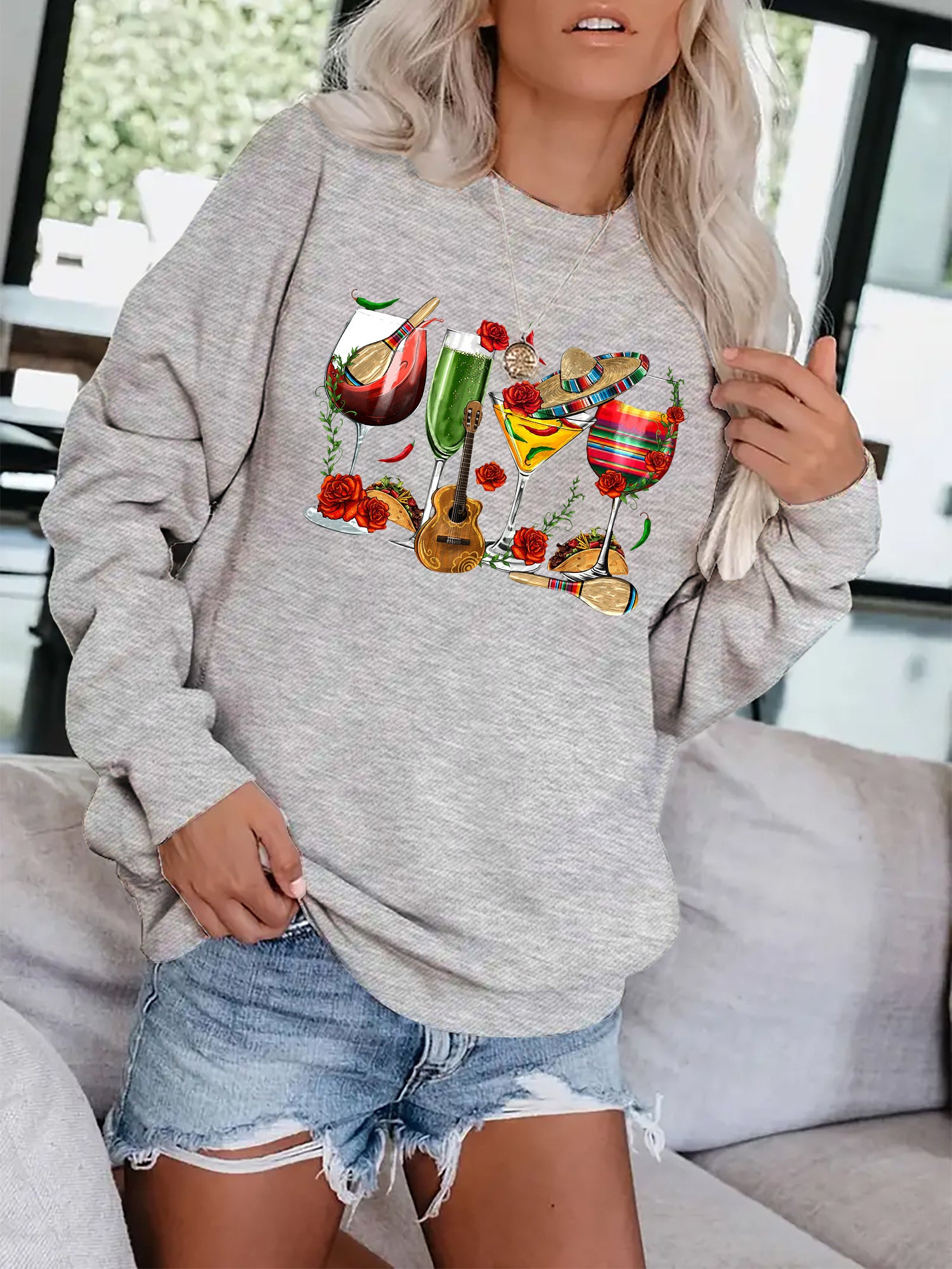 Wine Print Pullover Sweatshirt for Fall & Winter Women's Clothing
