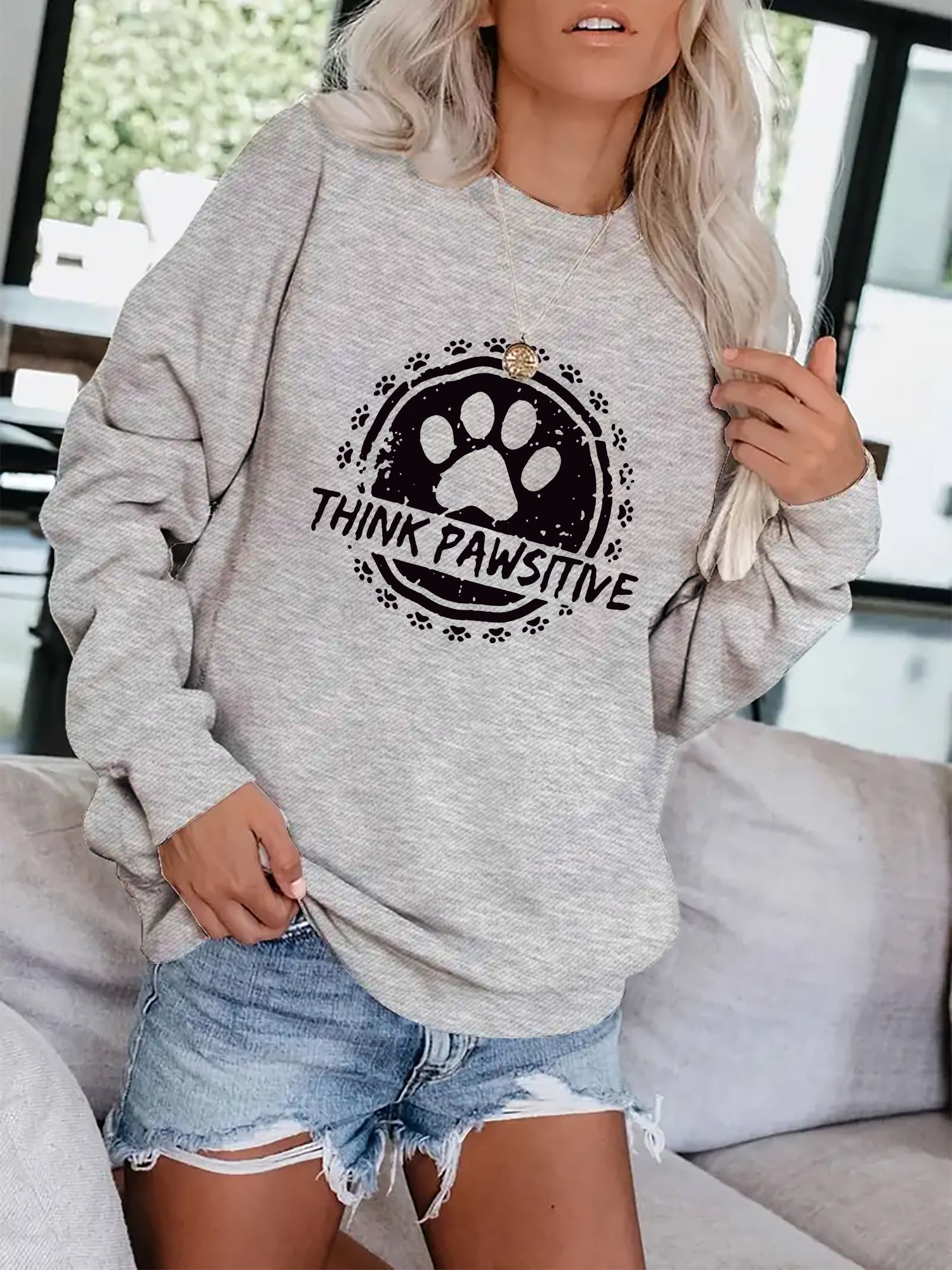 Dog Paw Print Pullover Sweatshirt Casual Loose Drop Shoulder Sweatshirt