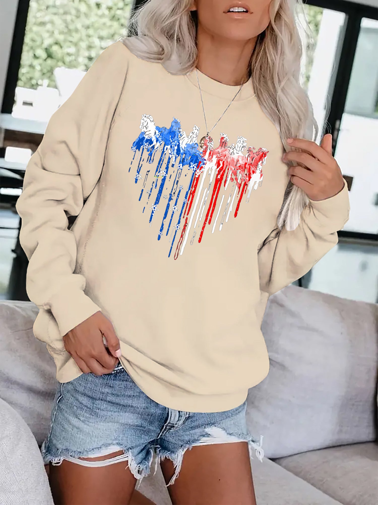 American Flag Heart Print Sweatshirt Casual Loose Comfy Sweatshirt