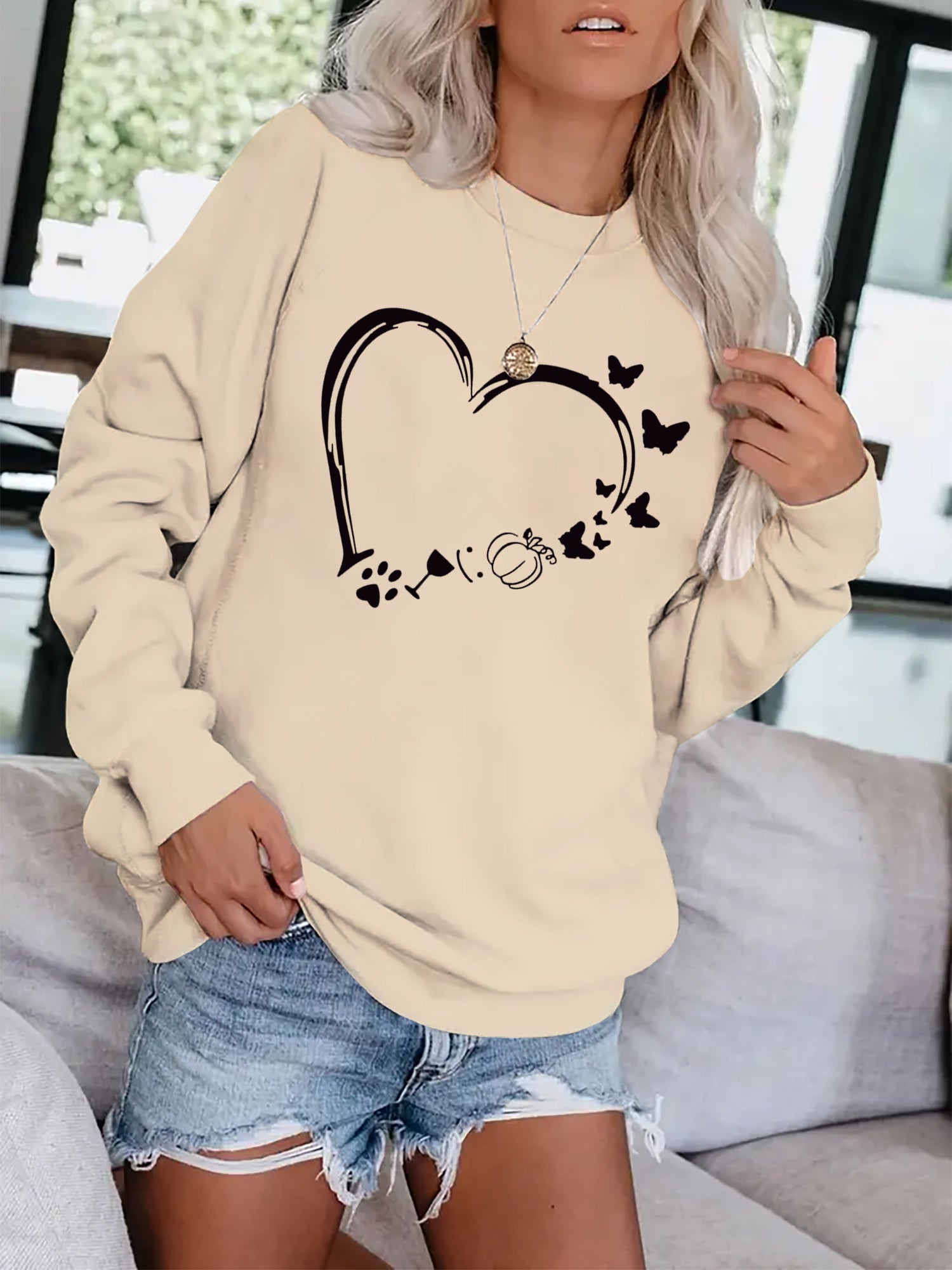 Heart Print Pullover Sweatshirt for Fall & Winter Women's Clothing