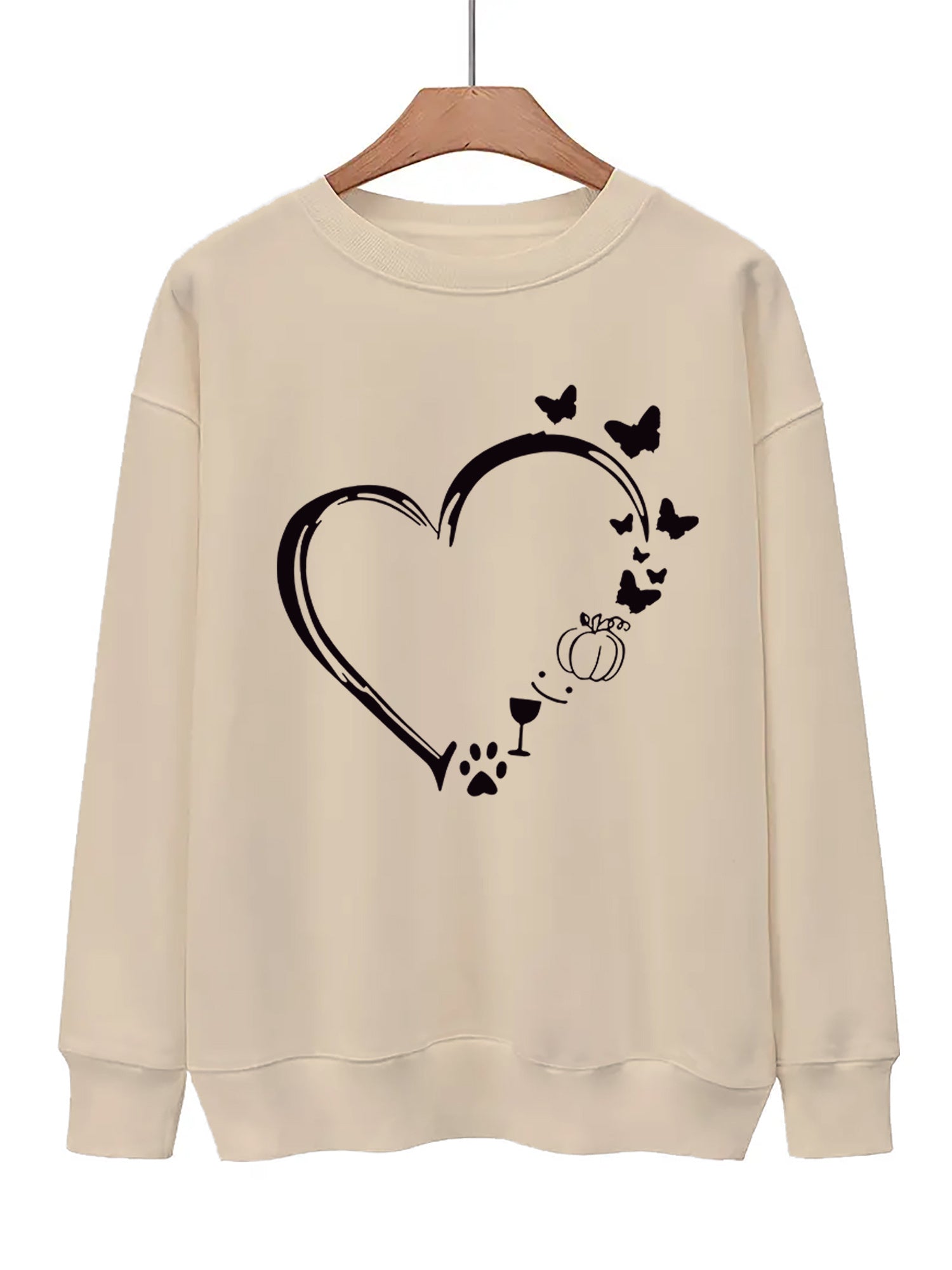 Heart Print Pullover Sweatshirt for Fall & Winter Women's Clothing