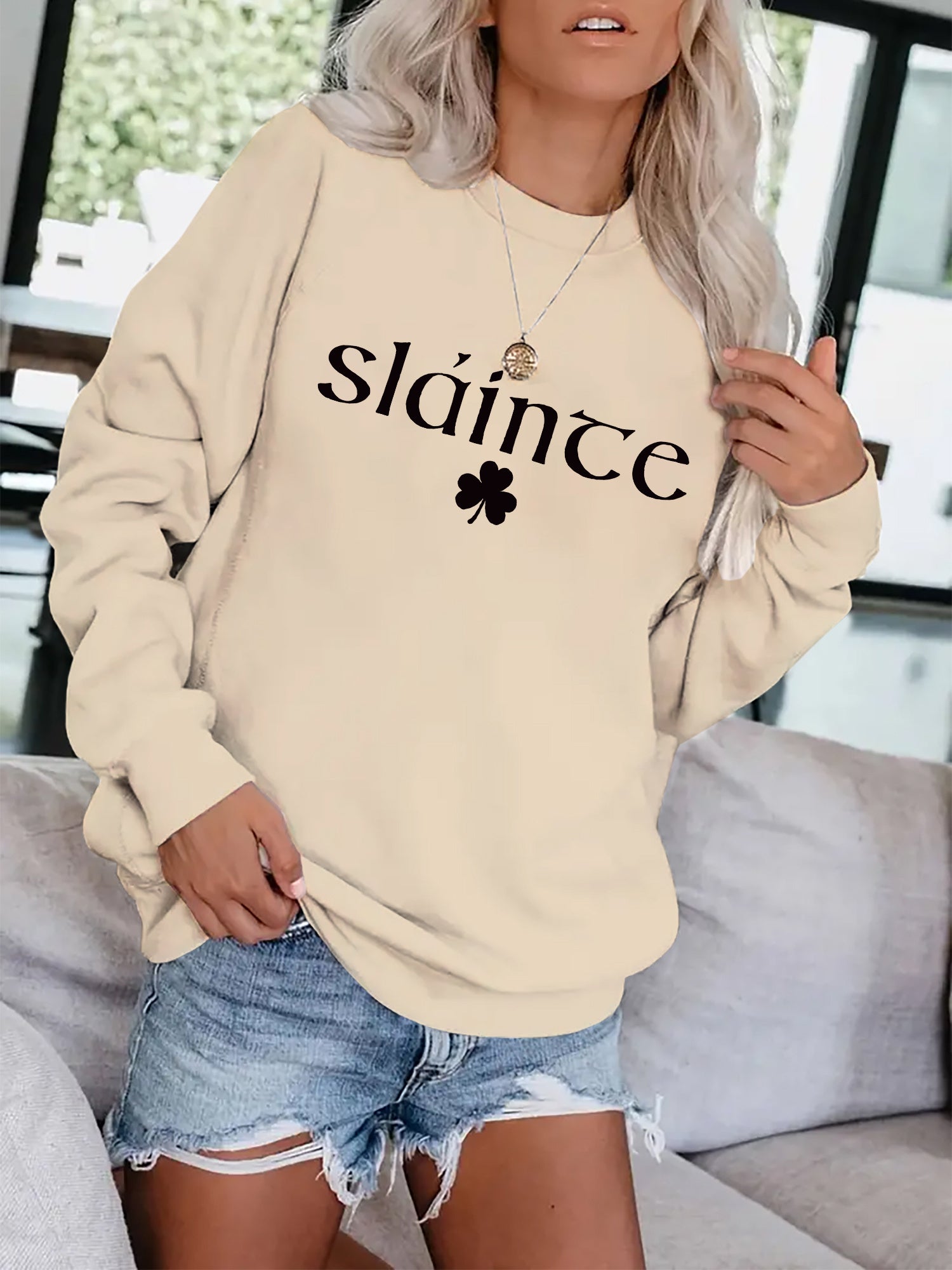 Letter & Lucky Clover Print Sweatshirt for Women