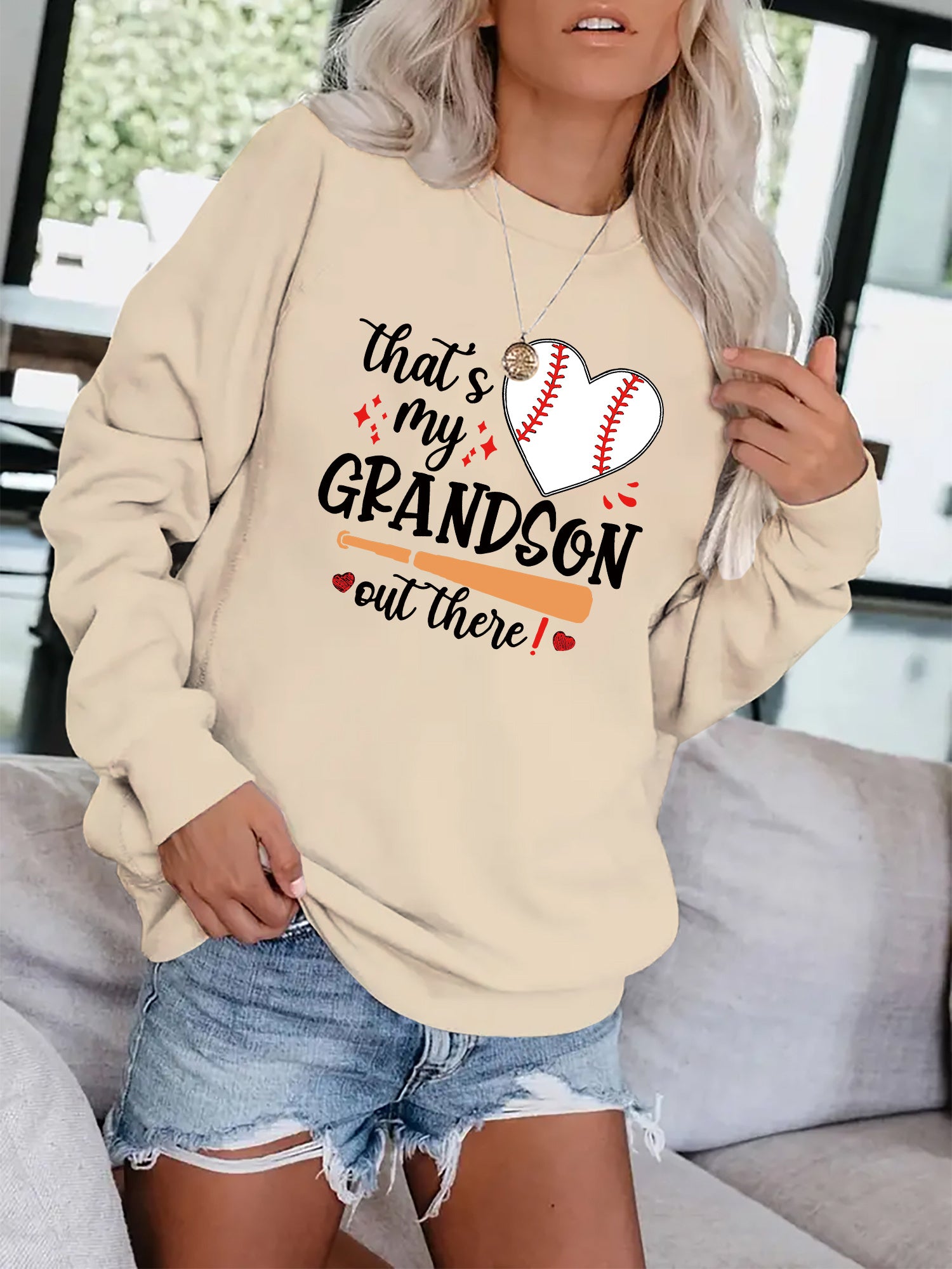 Baseball Graphic & Letter Print Sweatshirt Casual Loose Crew Neck Sweatshirt