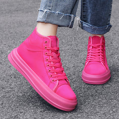 Pink High Top Lace Up Canvas Shoes Lightweight Skate Shoes For Women