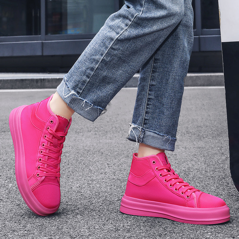 Pink High Top Lace Up Canvas Shoes Lightweight Skate Shoes For Women