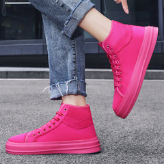 Pink High Top Lace Up Canvas Shoes Lightweight Skate Shoes For Women