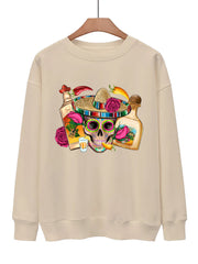 Funny Skull Print Pullover Sweatshirt Long Sleeve Casual Winter Wear