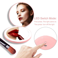 Mini Makeup Mirror with LED Light and Hand Pocket - Pink