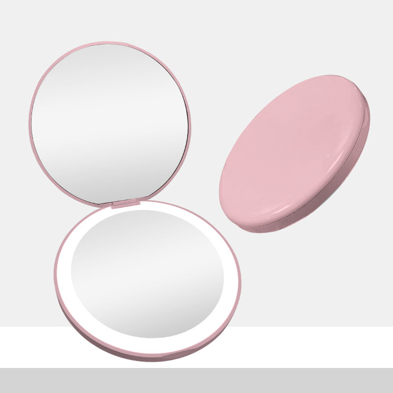 Mini Makeup Mirror with LED Light and Hand Pocket - Pink
