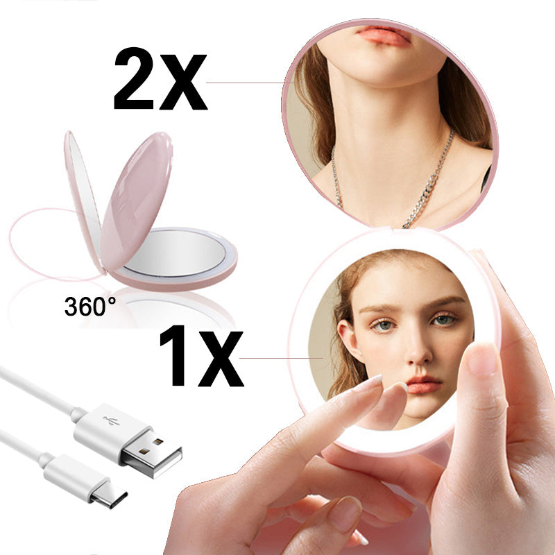 Mini Makeup Mirror with LED Light and Hand Pocket - Pink