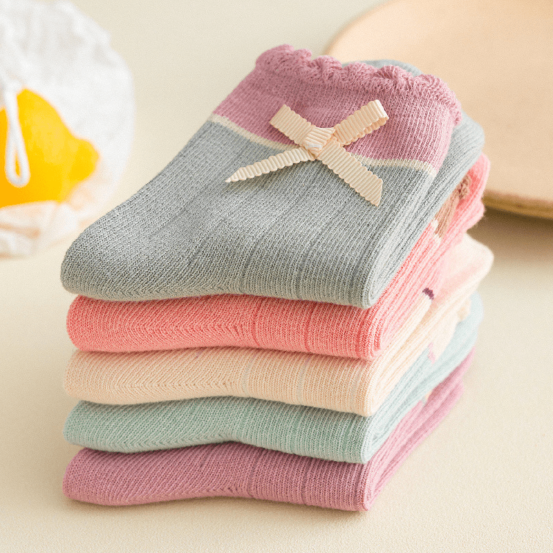 5 Pairs Baby Girls Bowknot Socks Thin Breathable Comfy Princess Socks